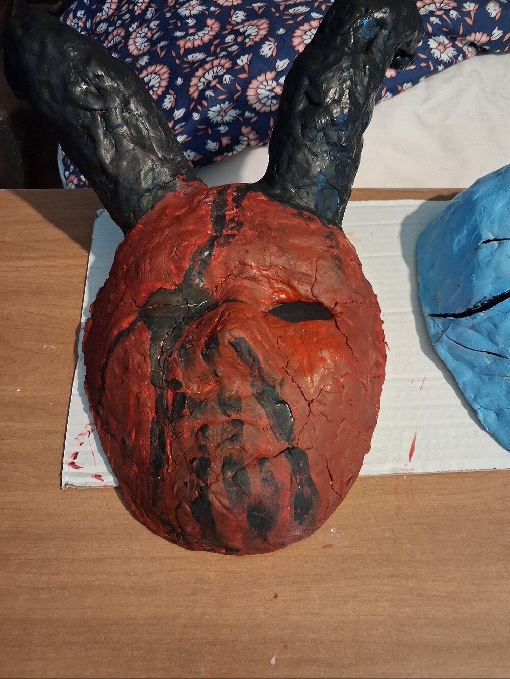 Handcrafted Clay Red and Black Devil Horn Mask - Home Art